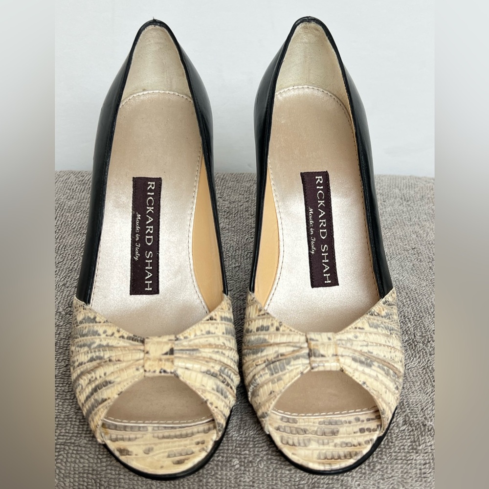 Rickard Shah Charlene Open Toe Heels Pumps Black & Snakeskin 36.5 Made in Italy